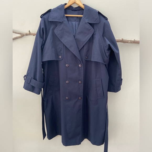 Vintage Navy Blue Double Breasted Belted Fall Timeless Long Trench Coat - Picture 3 of 9